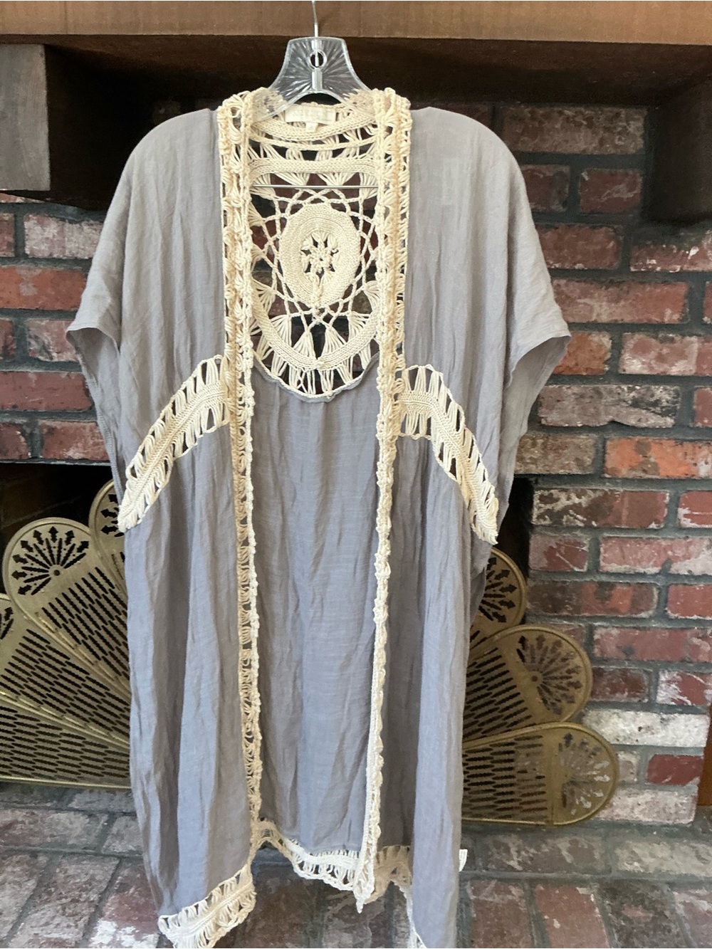 Rebellion Crochet Lace Mandala Kimono Duster Taupe Cream Fringe Cardigan Small